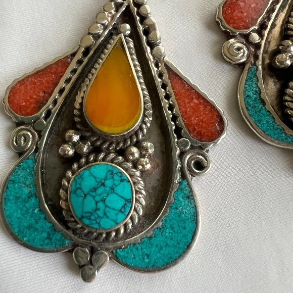 Tribal Boho Style Tibetan Silver Turquoise Coral Copal Amber Inlay Earrings - Picture 3 of 12